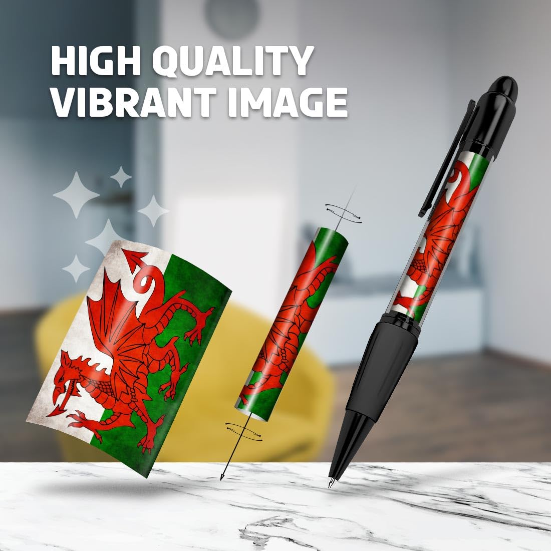 Set of 4 Black Ballpoint Pens (Photo Insert) - Distressed Wales Welsh Dragon Flag - Soft Feel Finger Grip #56016 - Image 2