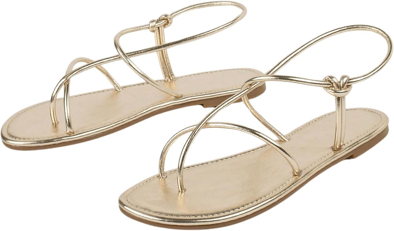 GORGLITTER Women's Metallic Strappy Flat Sandals Open Toe Dressy Summer Beach Thong Slides - Image 3