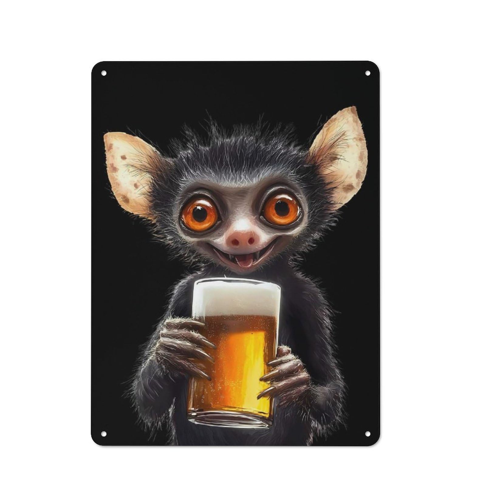 Junmoney Lemur With Beer Industrial Metal Wall Sign 40X30cm Featuring Urban Room Decor For Loft, Studio, Office Or Creative Room