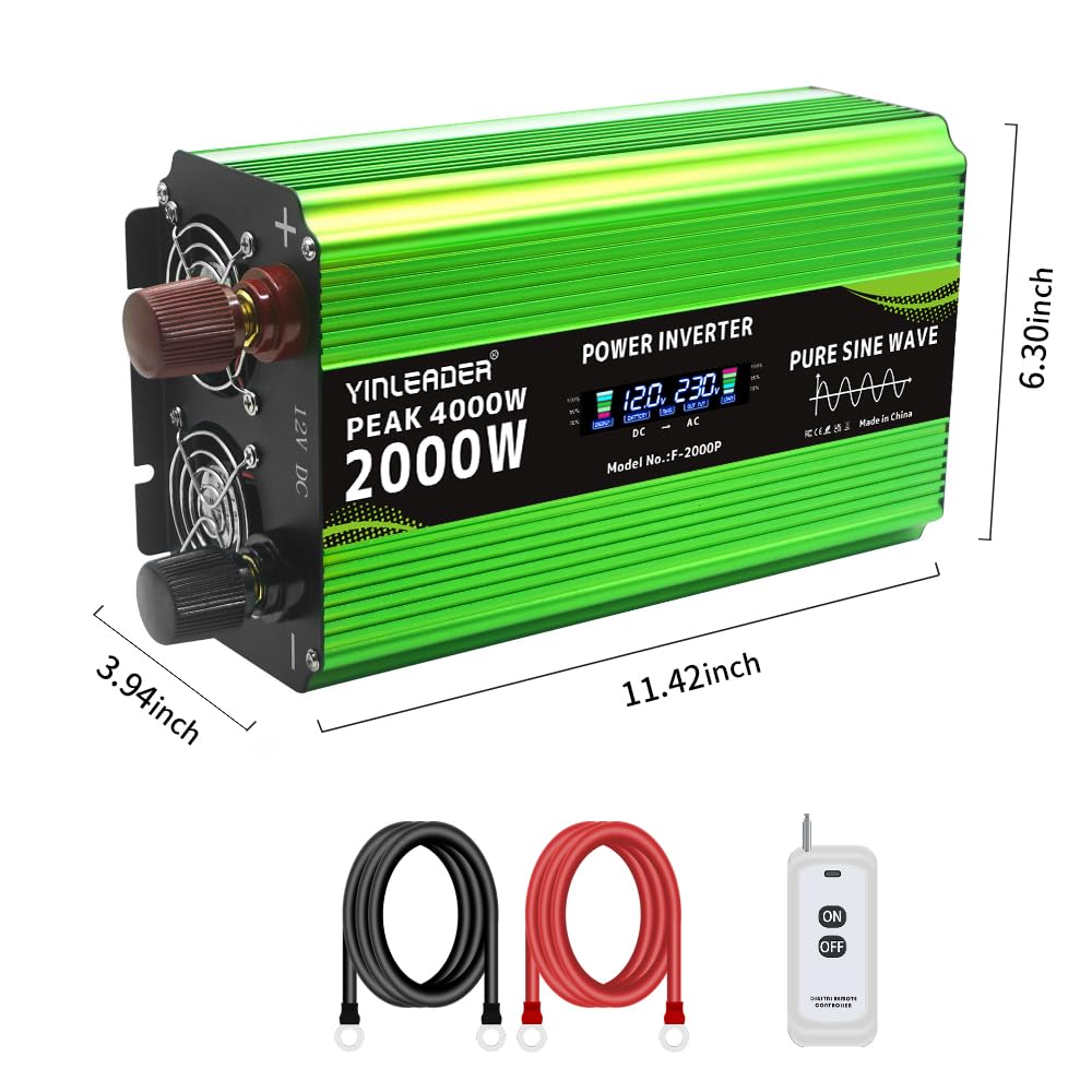 Yinleader Wechselrichter 2000W /4000W Spannungswandler Reine Sinuswelle 12V 230V mit 2 Eurosteckdosen und 4 USB Spannungsanzeige