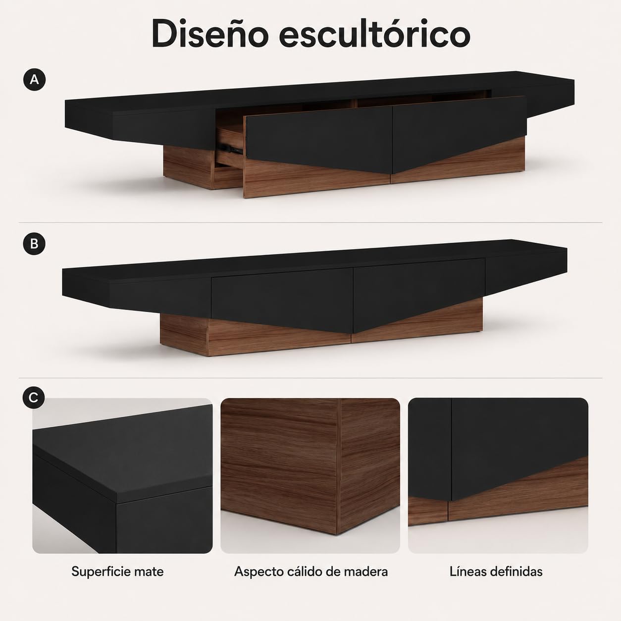 Mueble bajo para televisión Negro con Aspecto de Madera, Mesa de TV de 200 cm con cajones, Moderno Armario de TV con Espacio de Almacenamiento, Mueble bajo para Sala de Estar, Mueble