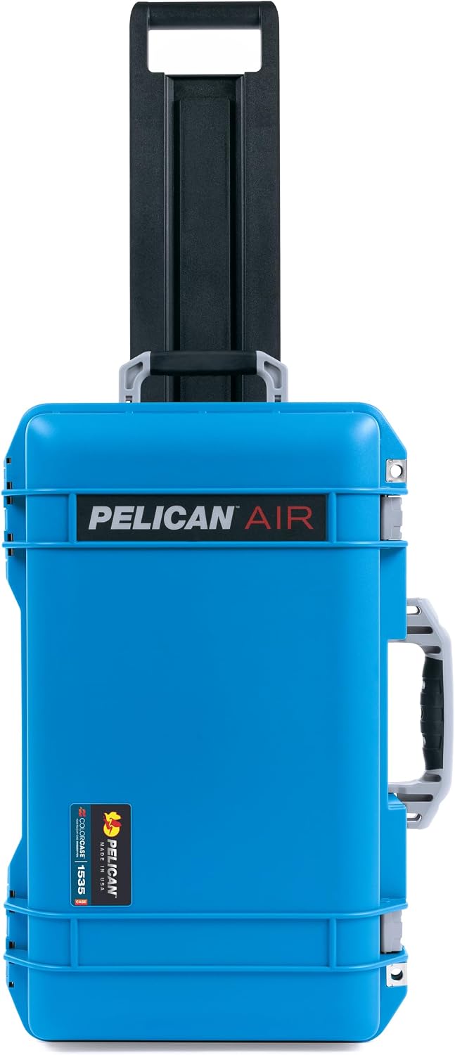Pelican Air 1535 Carry-on Case by ColorCase - Electric Blue - Medium Size Waterproof Case with Gray Padded Microfiber Dividers & Mesh Lid Organizer - Silver Handles & Latches