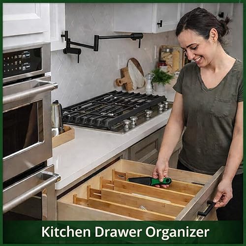 Miniatura 2 de Separadores de cajones de bambú, paquete de 6 unidades de 2.4 pulgadas de altura ajustable de 12.5 a 17 pulgadas, funciona en cocina, tocador, baño,