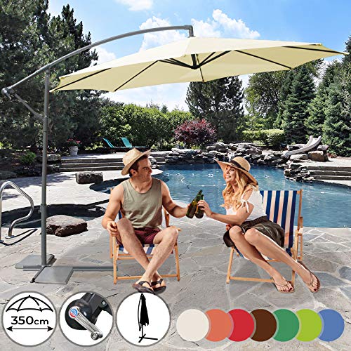 MIADOMODO Parasol Excéntrico - Diámetro Ø350cm, Protección UV30+, Mástil de Acero Ø48mm, Sistema de Manivela, Inclinable, Poliéster 160g/m2, Color a Elegir - Sombrilla para Jardín con Base y Cubierta