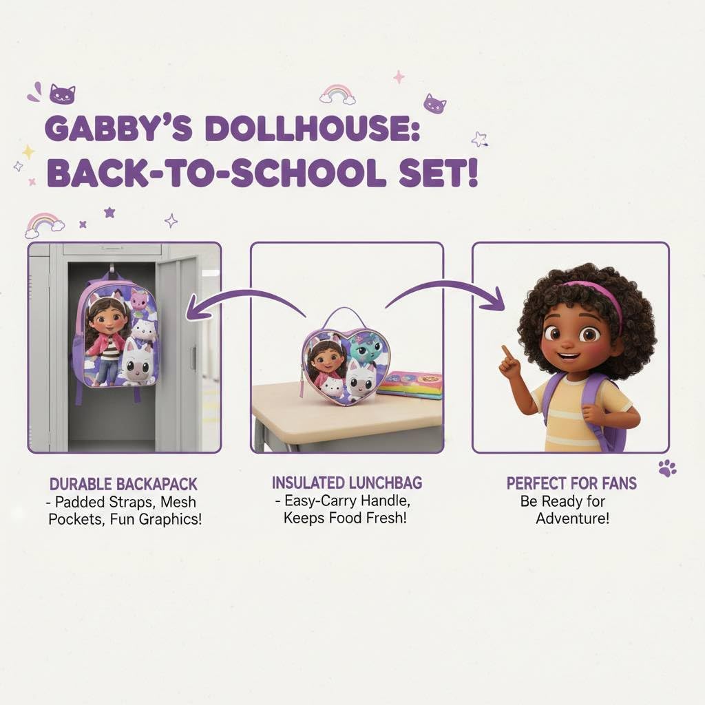 Fast Forward Gabby's Dollhouse 16" Backpacks With Lunch Bag - Licensed Characters Kids Schoolbag