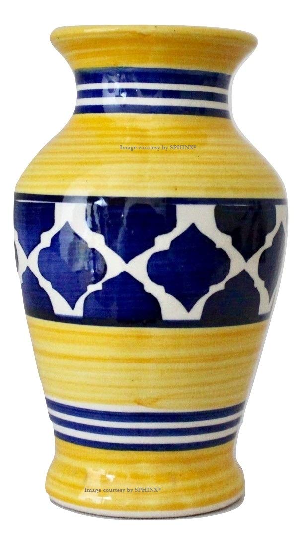 SPHINX Table Top Ceramic Vase for decor - 1 piece (Height: Approx. 7 Inches/18 cms) - (Mughal Block Print- Yellow)