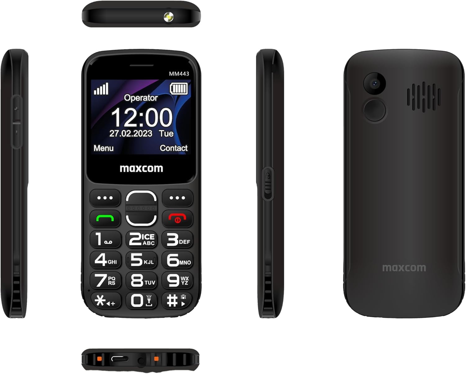 Telefono cellulare per anziani 4G con tasti grandi e pulsante SOS, base di ricarica, Dual SIM, batteria 1700 mAh, display 2,31", volume alto, facile da usare, Maxcom MM443 nero