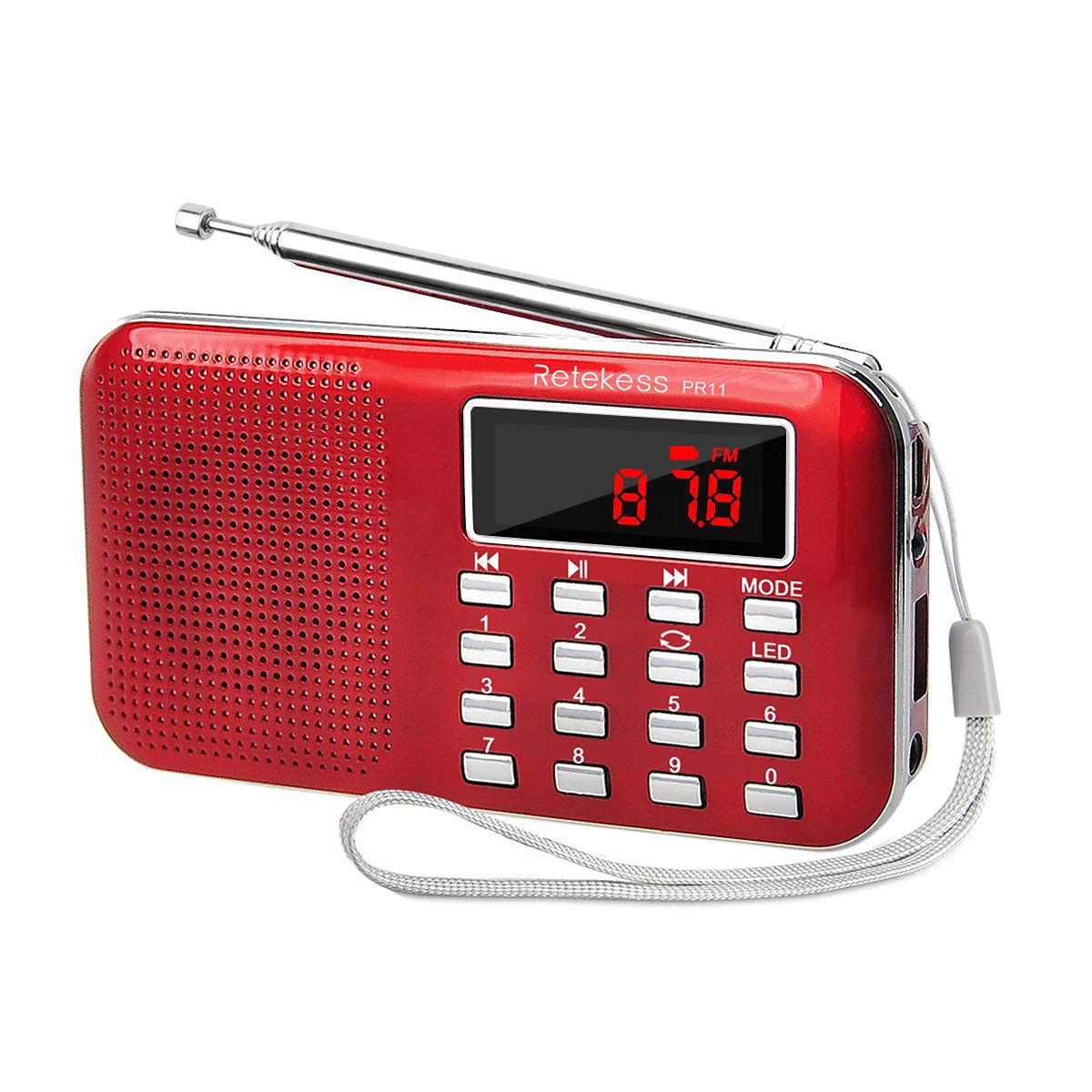 Radio portatil FM Am Bolsillo MP3 Jugador con Auriculares Jack Acoplado con batería Flash Linterna USB Recargable Auxiliar -En para Caminar Corriendo, Rojo.