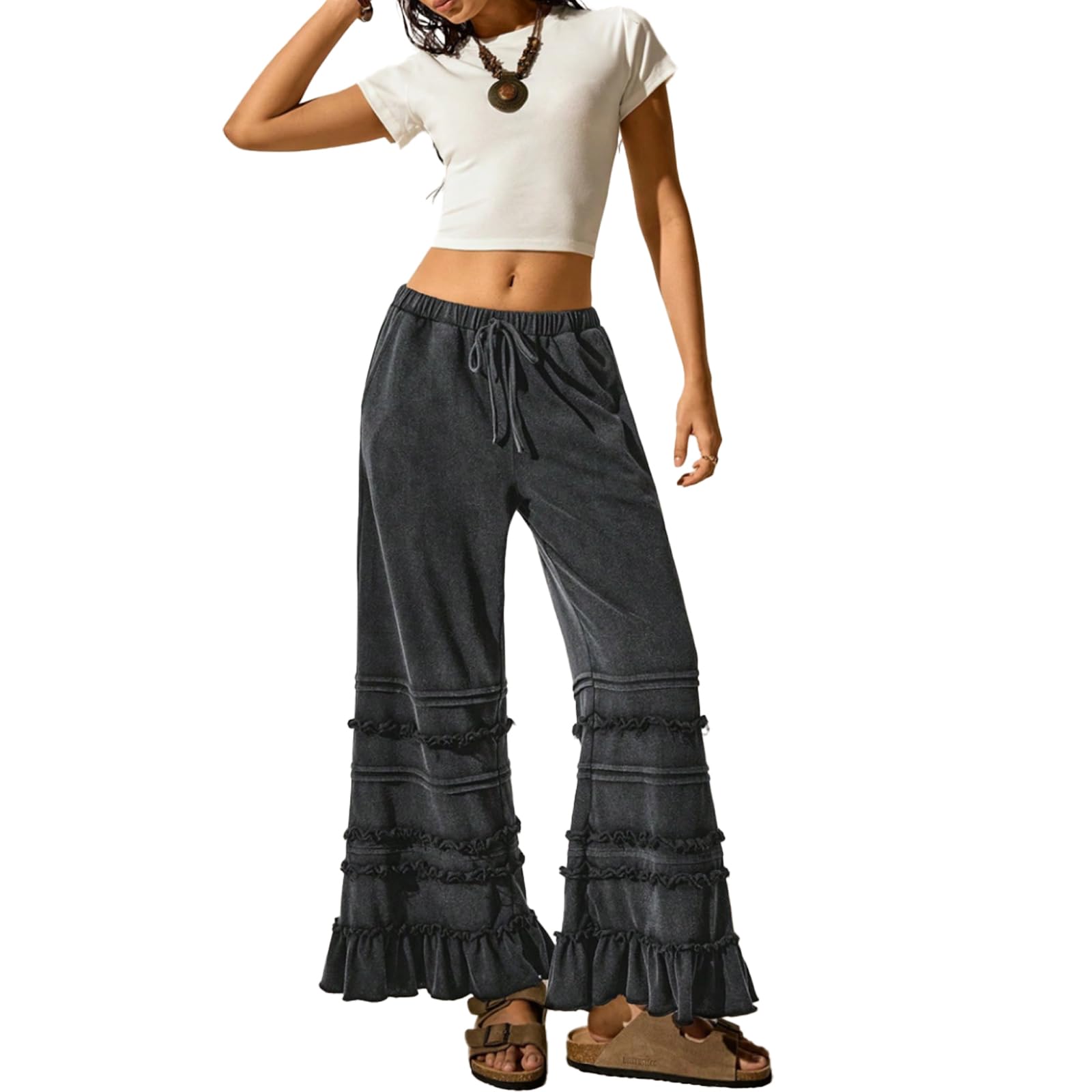 Womens Wide Leg Ruffle Hem Pants High Waist Drawstring Lounge Casual Loose Fit Trousers
