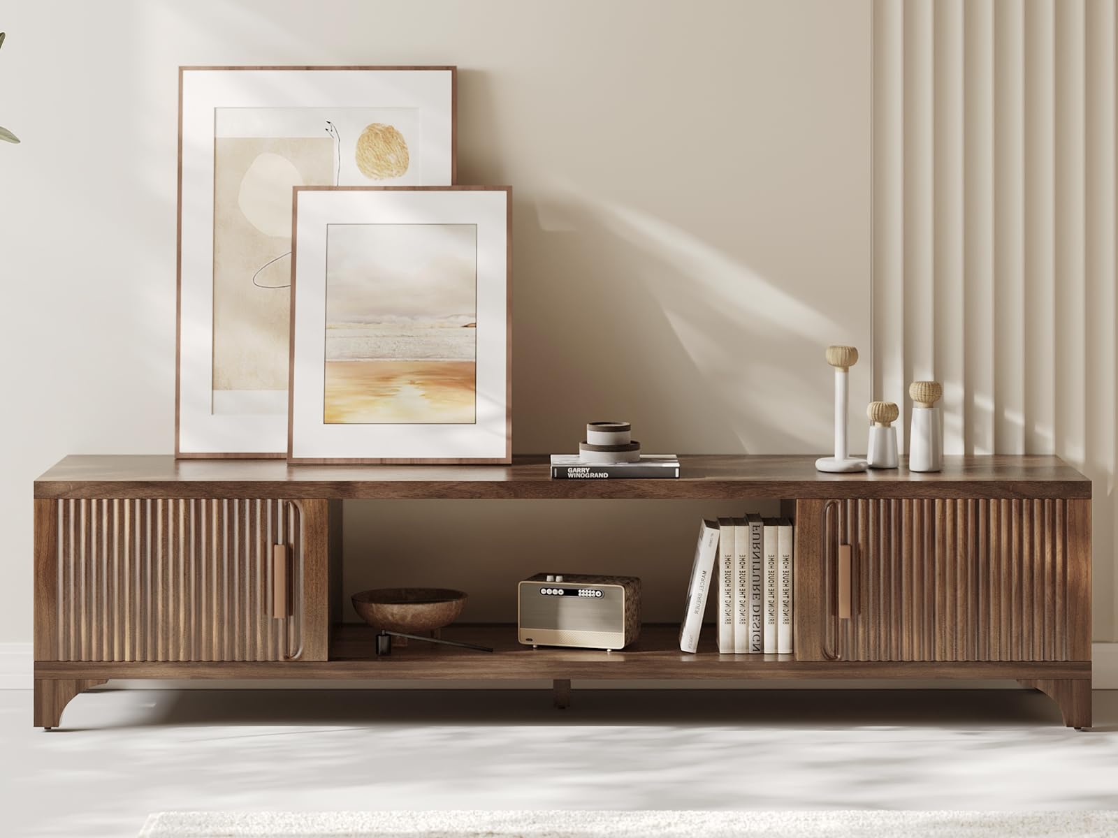 GOUUN Mid Century Modern TV Stands for 65/70/75 Inch TV, Boho Media Console for Living Room, Fluted TV Entertainment Center with Storage, Wood