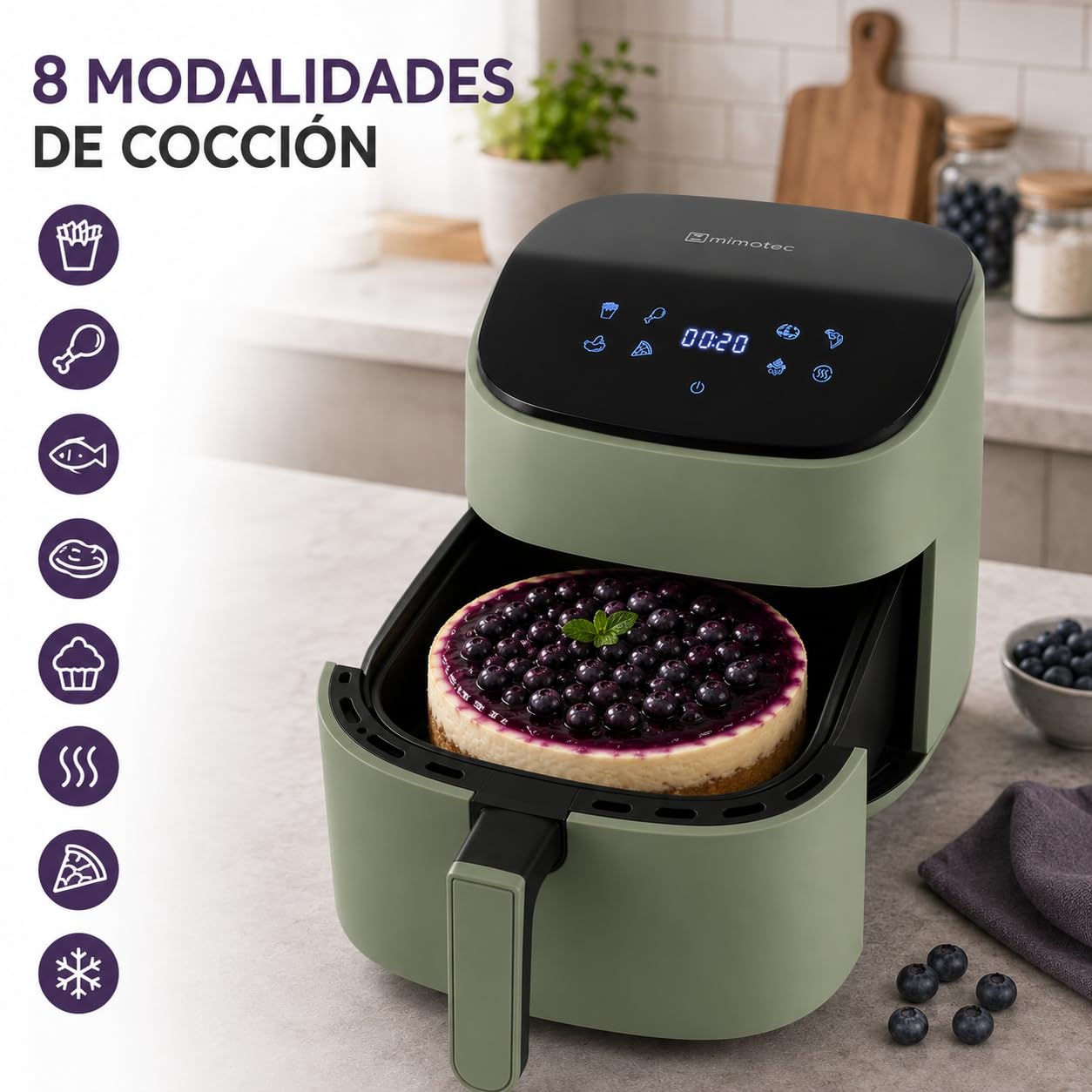 Iluminashop - Air Fryer Line Green Touch 6,5L, Freidora de Aire sin Aceite, 1600W, 8 Menús Digitales, Pantalla Táctil,Función Grill, Temporizador regulable, Temperatura 80-200°C, Fácil y Saludable