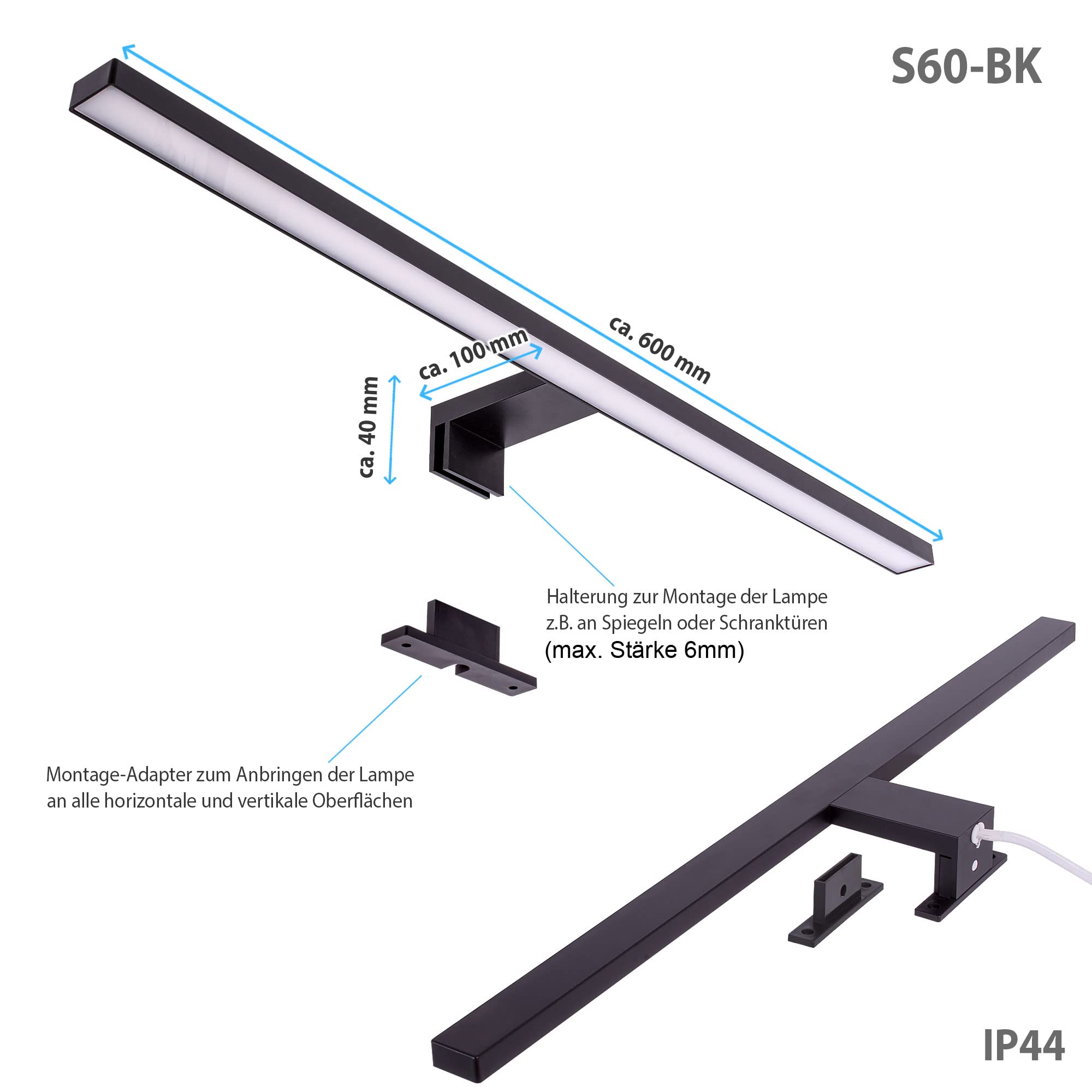 Maxkomfort LED Spiegelleuchte Bad 60cm Eckig Schwarz – 8W Neutralweiß 4000K – IP44 230V Aufbauleuchte – Badbeleuchtung & Schminklicht für Spiegelschrank & Wand
