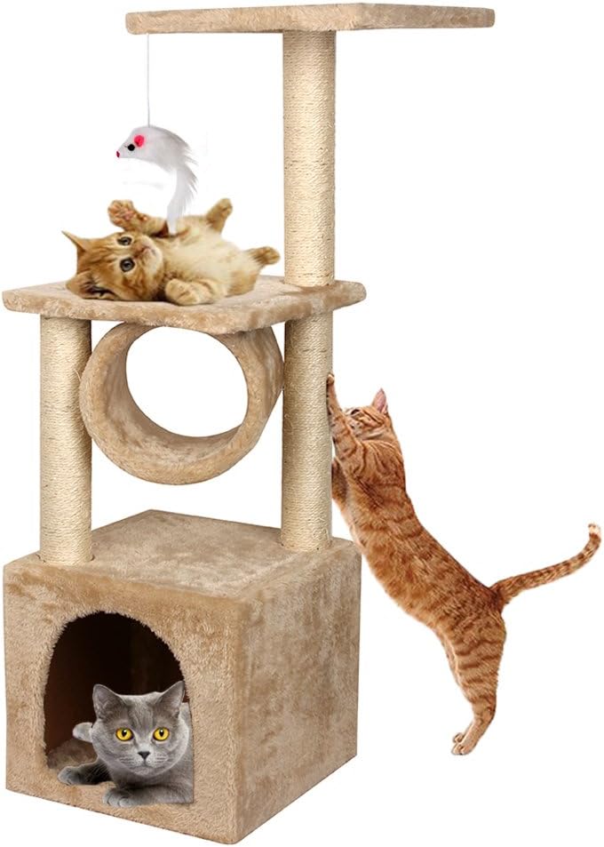 Makall 36inch Deluxe Faux Fur Level Cat Activity Tree, Kitten Climbing Tower Condo House with Sisal Scratching Posts, Protect Furniture with Play House