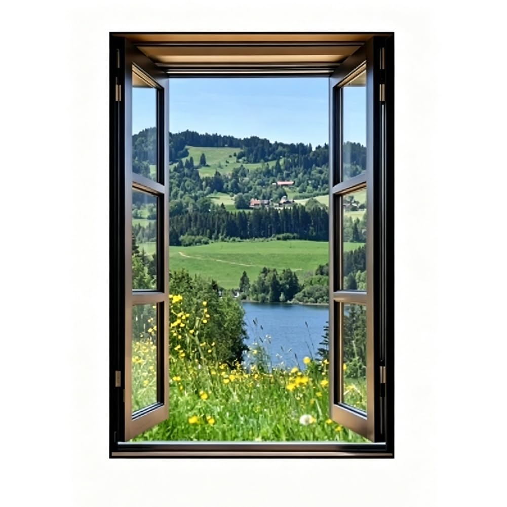 GZHERVICES Faux Window Mountain View Wall Art, Fake Window Frame View Of Sunlight Over The Hill Landscape，3D Realistic Scenic Landscape Canvas Print For Living Room Bedroom Home Decor(A,90x130 cm)