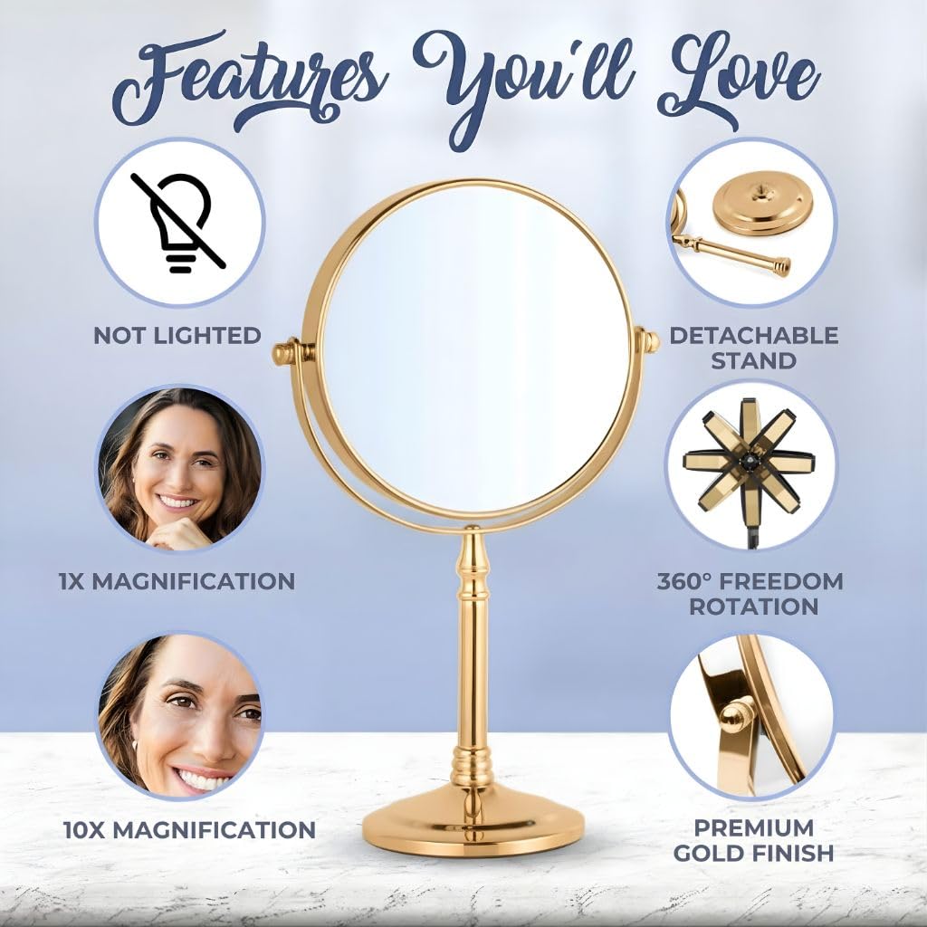 MIRRORVANA Double-Sided 10X/1X Makeup Mirror with Stand, 15" x 8"
