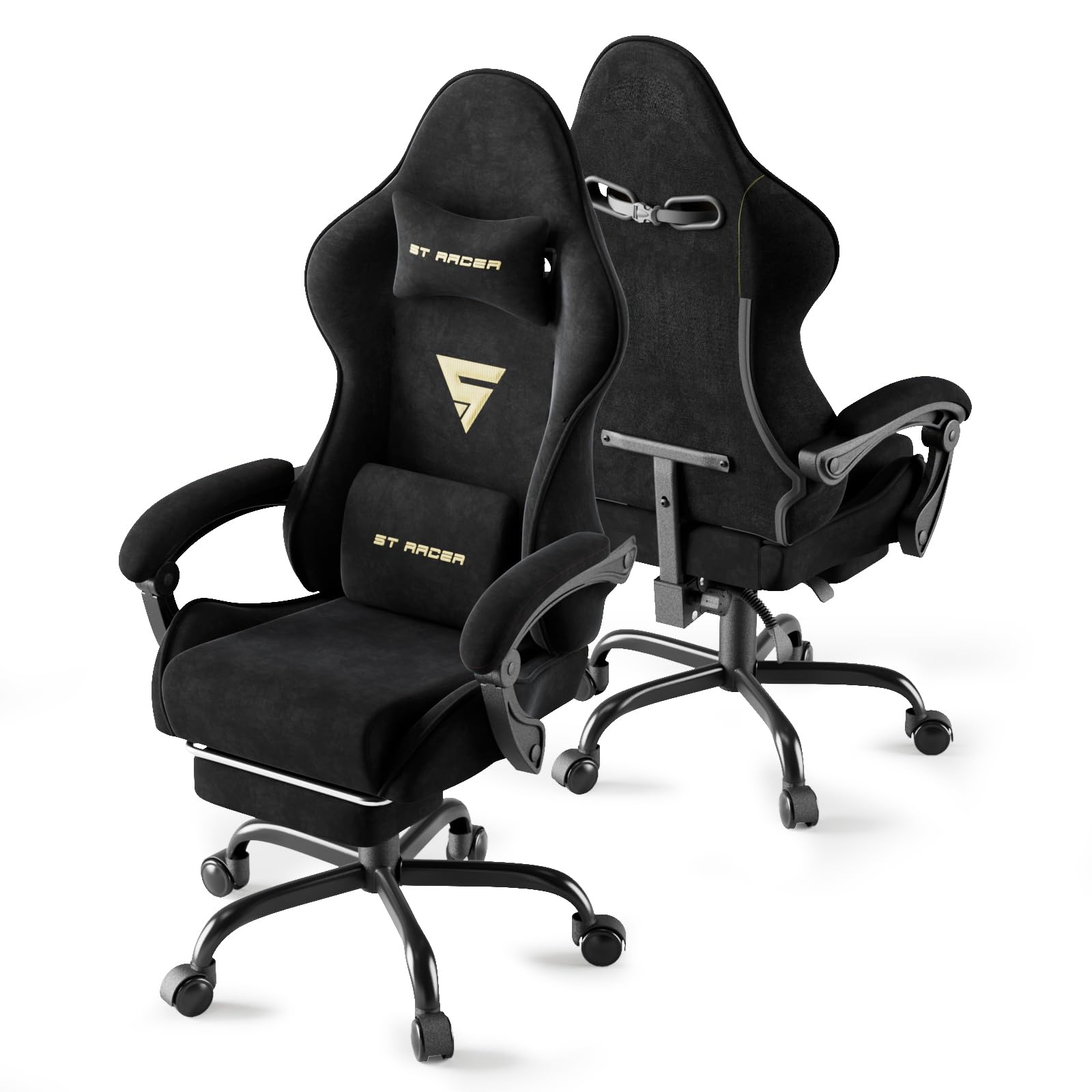 Ferghana Chaise Gaming Chaise Ergonomique Bureau Tissu Fauteuil Gaming en Tissu Velours, avec Coussin Lombaire De Massage, Coussin De Nuque, Repose-Pied, Capacité de Poids de 250lb, Noir