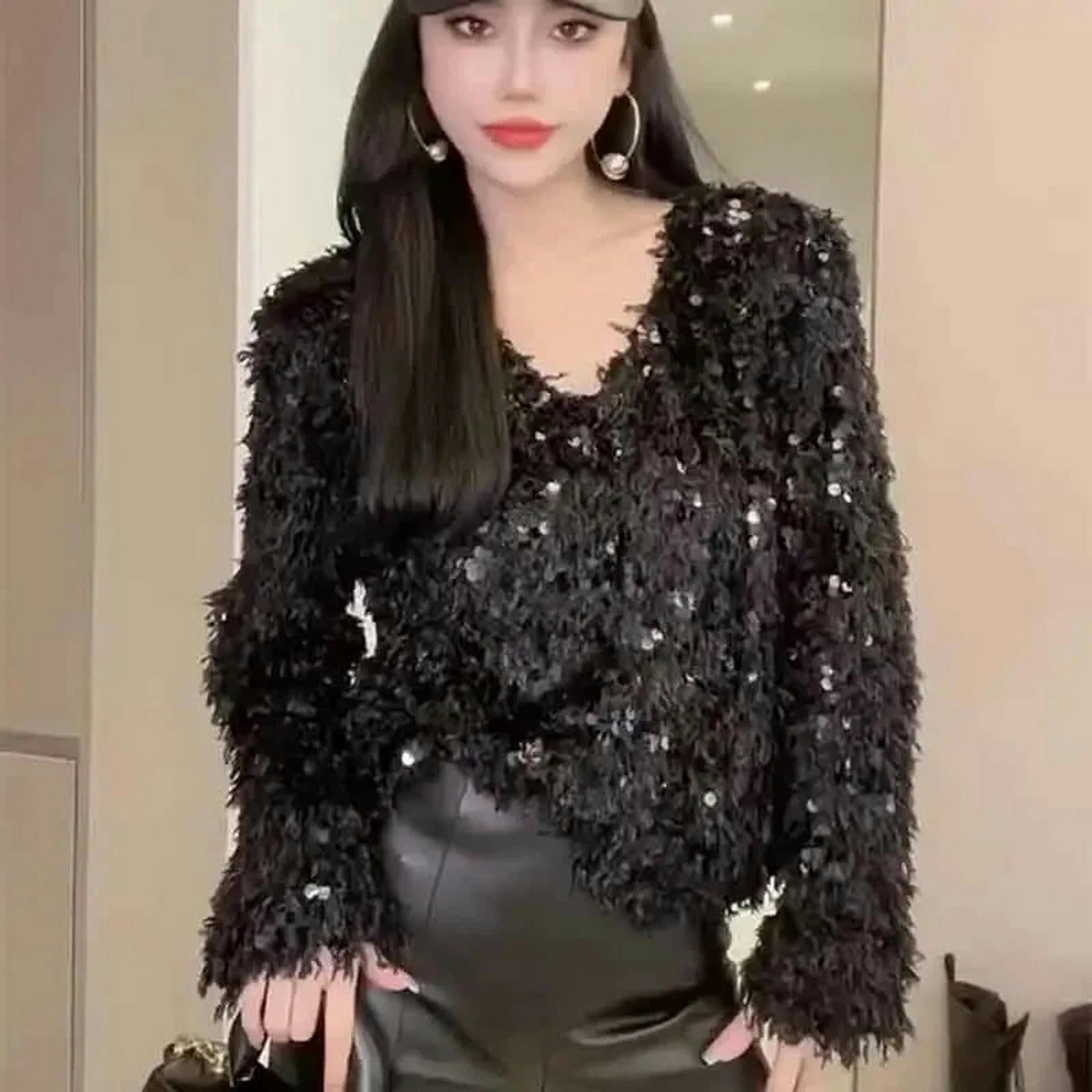 Sweter dla kobiet frędzel cekinowy sweter damski dekolt w serek z długim rękawem dzianinowe swetry eleganckie eleganckie luźne streetwear jesień