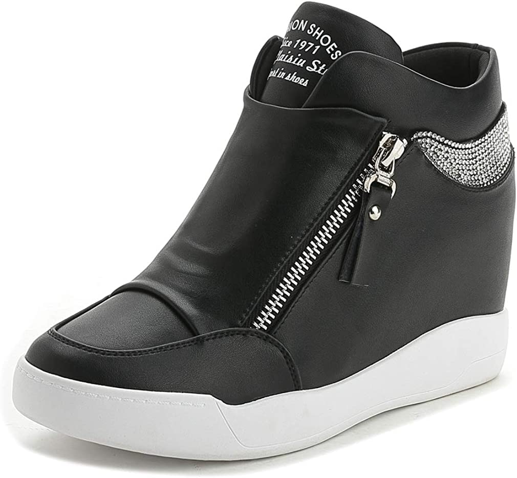 HINDOLA Womens Fashion Platform Shoes Hidden Wedge Heel High Top Sneakers for Women Rhinestone Boots Working Shoes Women