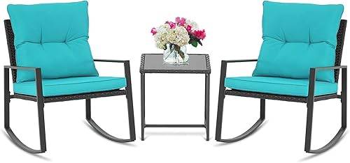 SUNCROWN Juego de 3 sillas mecedoras para exteriores, juego de mimbre para patio, muebles de conversación con cojines y mesa de centro de cristal