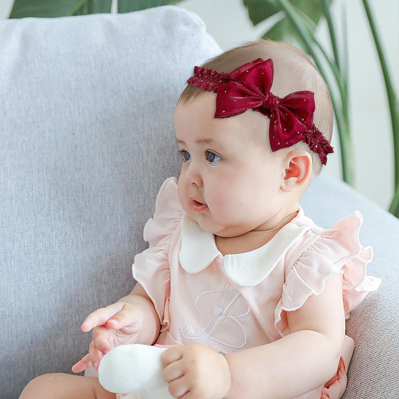Baby Girl Bow Headband Satin Crystal Bow-knot Toddler Hairband Soft Lace Elastic Headpiece Party Bows Hair Accessories for Newborn Infant (Red, Standard size) - Image 7