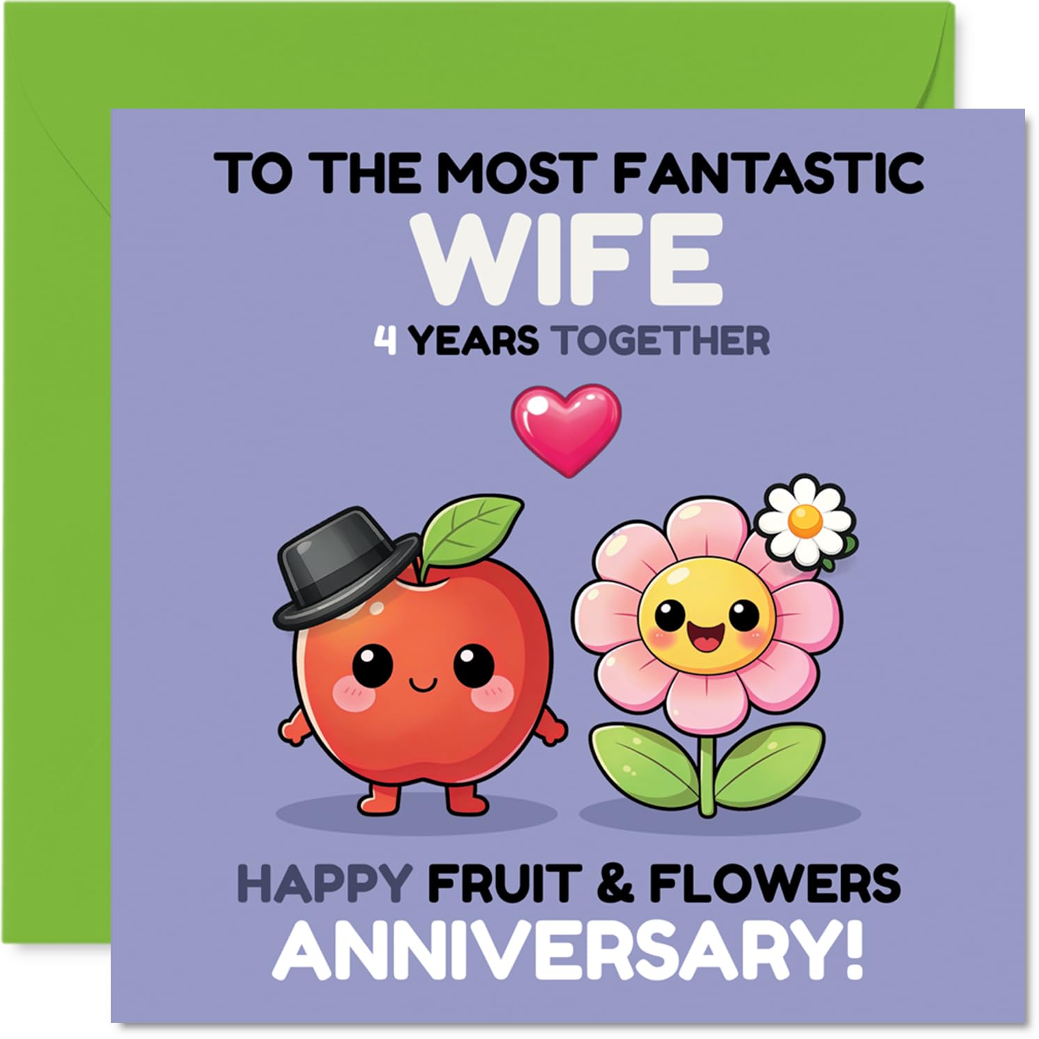 Playful 4th Anniversary Card for Wife - Bursting with Joy - Smiling Apple and Flower Cartoon Celebrate 4 Years Together - 145mm Square, Envelope Included