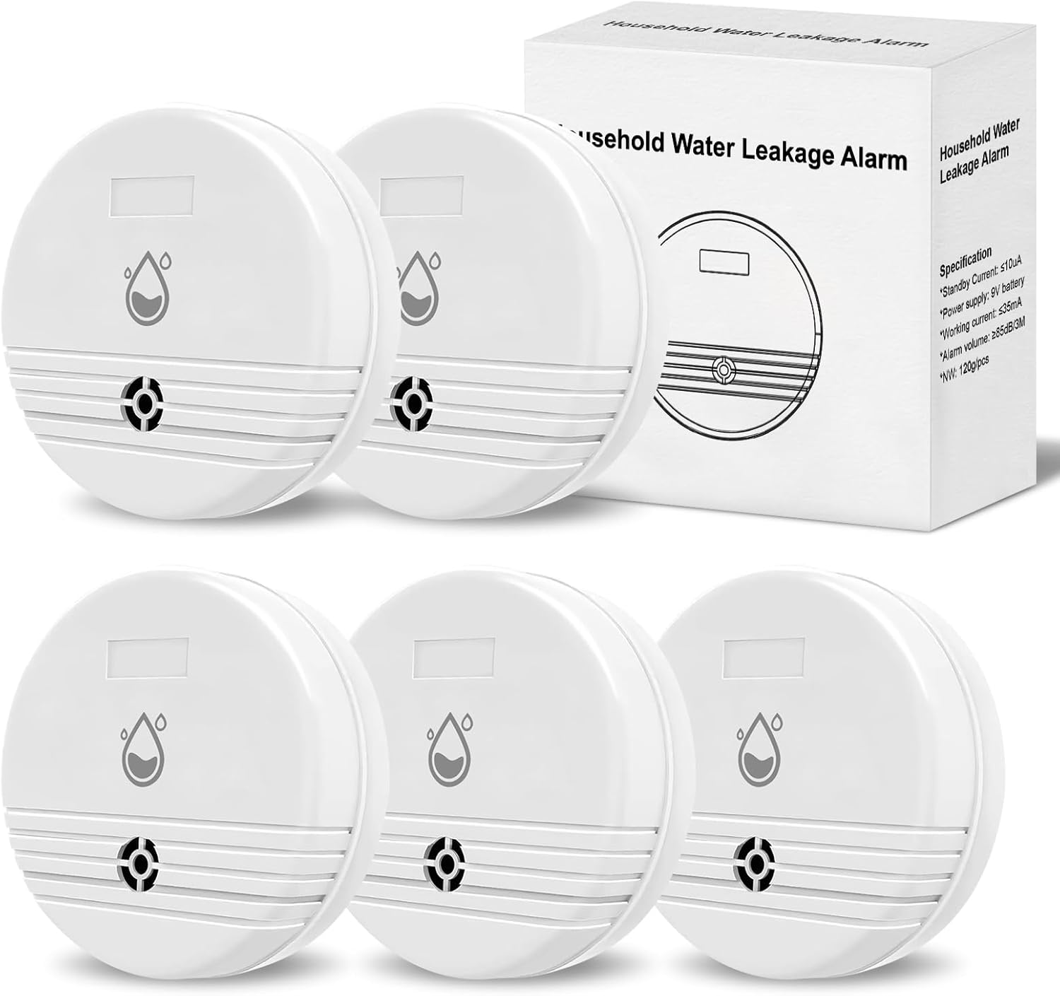 Water Leak Detector 5 Packs, Lound Sound Sensor Alarm, Home Water Flooding Monitor Sink Overflow Monitoring Wet Moisture Alert Pipe Leakage Drip Detection Warning for Basement, Laundry, Bathroom