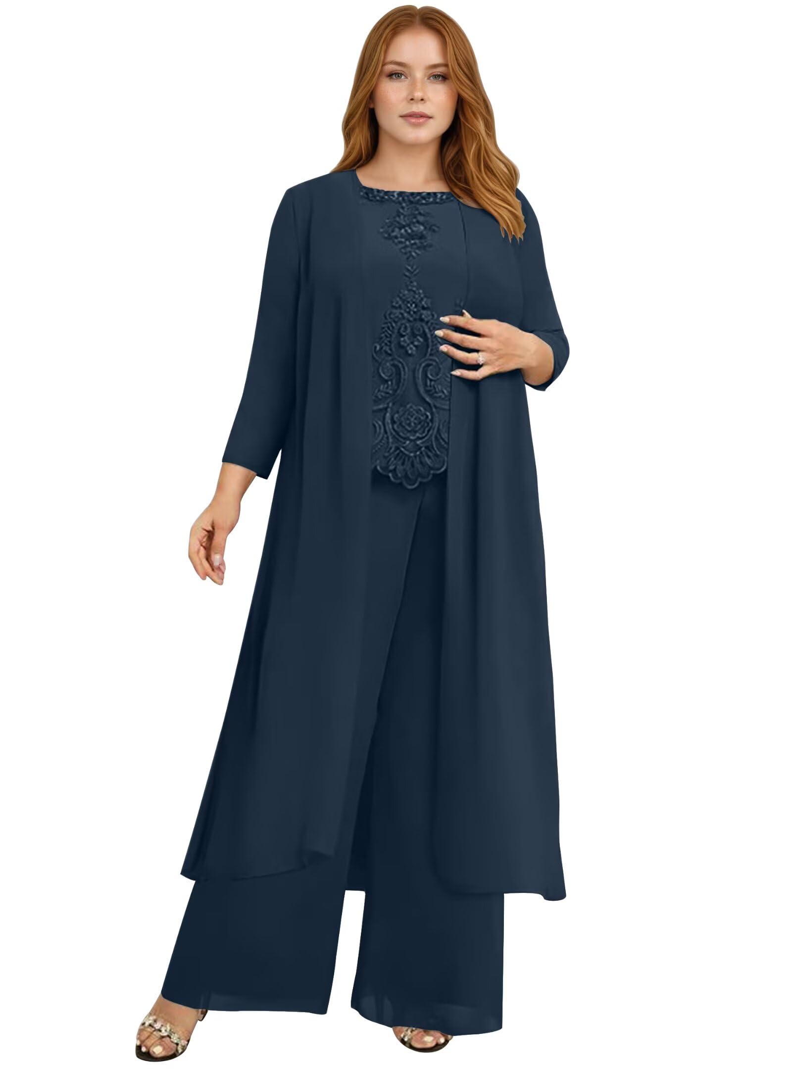 Mother of The Bride Pant Suits for Women 2025 Chiffon Sets 3 Pieces Lace Wedding Guest Formal Outfits