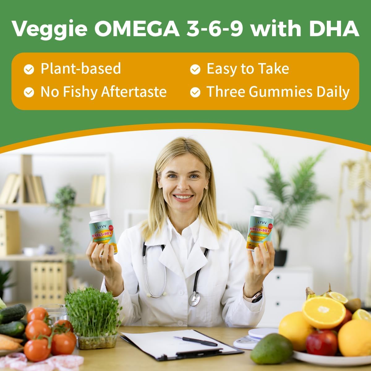 Omega Plus DHA,for Adults and Kids, Lemon Flavor -120 Gummies - Omega 3, 6, 9 and DHA - Promotes Brain & Heart Health - Veggie - 40 Servings (1)