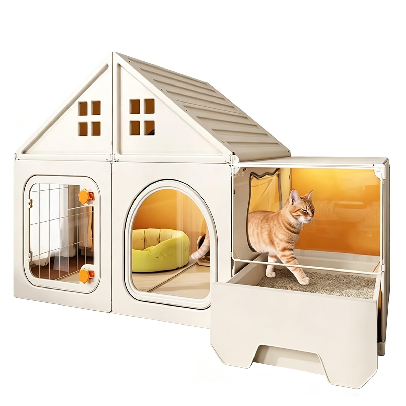 Casetta per Gatti Da Interno con Lettiera Integrata, Spazio Relax e Zona Toilette In Un Unico Ambiente Recinto per Gatti Casetta Da Gioco Per Gatti per Piccoli Appartamenti(White,106x46x58cm)