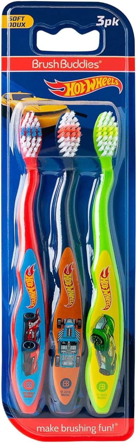 Brush Buddies Hot Wheels Manual Toothbrushes for Kids – 3 Pack | Soft Bristled Children's Toothbrushes with Fun Multi-Colored Designs, Anti-Slip Grip Handles, Perfect for Toddlers, Home Use, or Travel