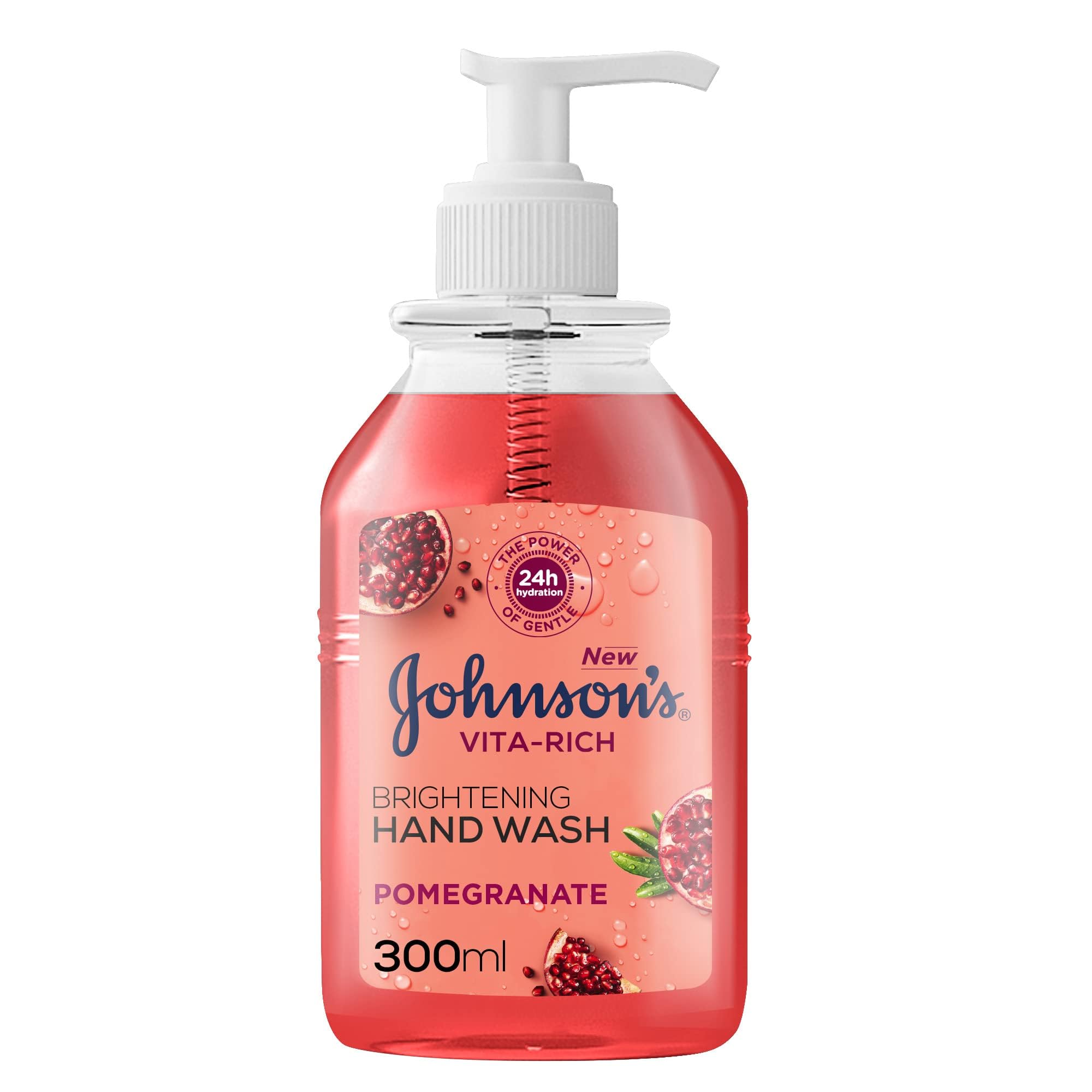 Johnson's Vita-Rich, Brightening Hand Wash, Pomegranate, 24 Hours of Gentle Hydration, Ph Balanced Formula, 88% Natural Ingredients, 300ml