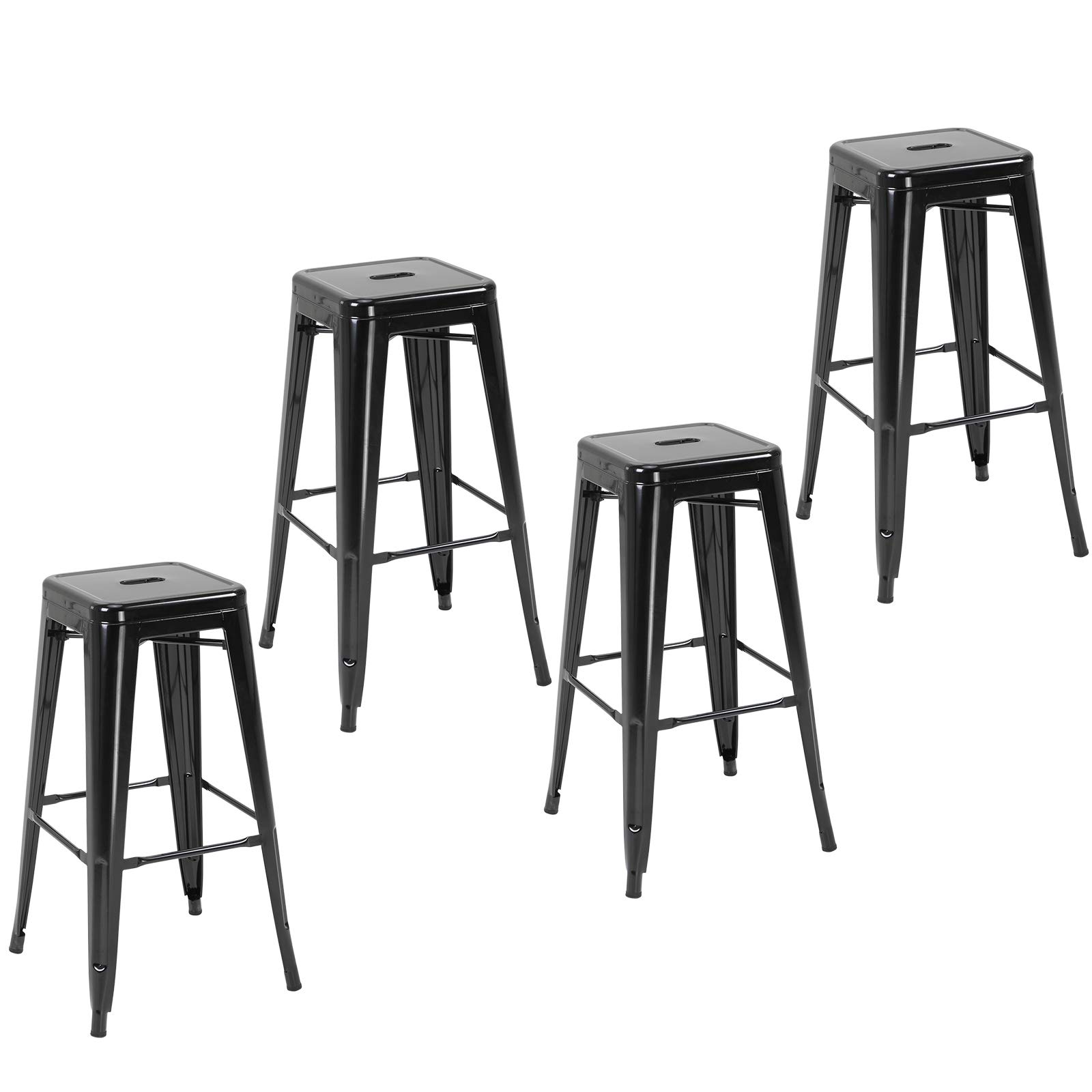HOMCOM Lot de 4 tabourets de Bar Empilable Chaise de Bar Industriel avec Repose-​Pied Hauteur d'Assise 76 cm, Cadre en métal, Style rétro, pour Salle à Manger, Balcon, bistrot ou Bar, Noir