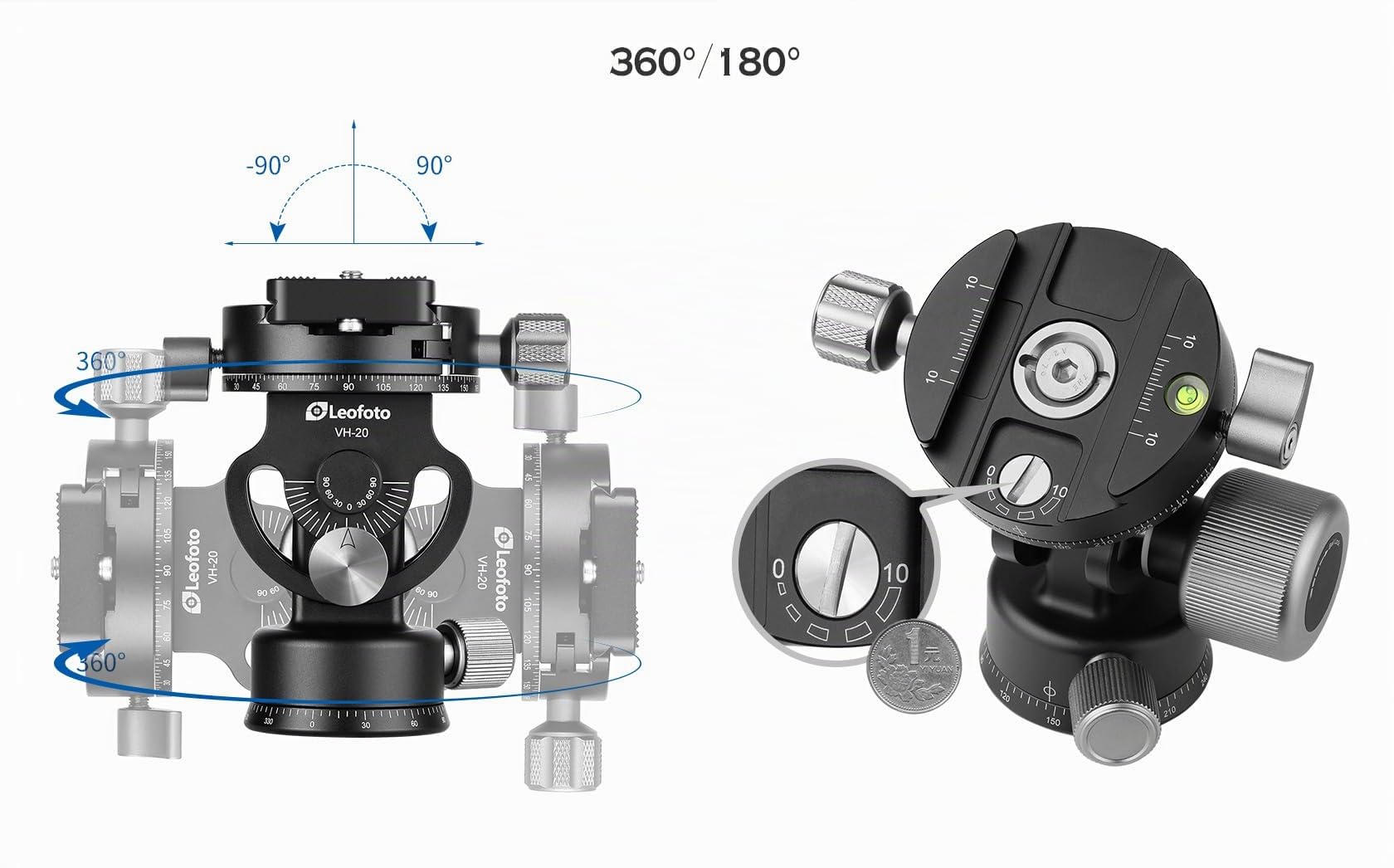 Leofoto - Tête de Monopode - Se Monte sur des plaques de trépieds de 48 mm de diamètre avec Une Connexion filetée 3/8" - Poids de Charge: 12 kg - VH-20
