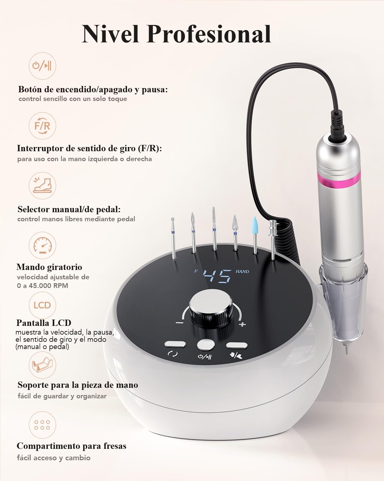 HOMEASY Torno para Uñas, Lima Eléctrica de 45000 RPM, Pedal y Pantalla LCD. | Torno para Uñas con Pedal, Pieza de Mano de Aluminio Silenciosa y Lima Eléctrica de Sobremesa para Acrílico y Gel.
