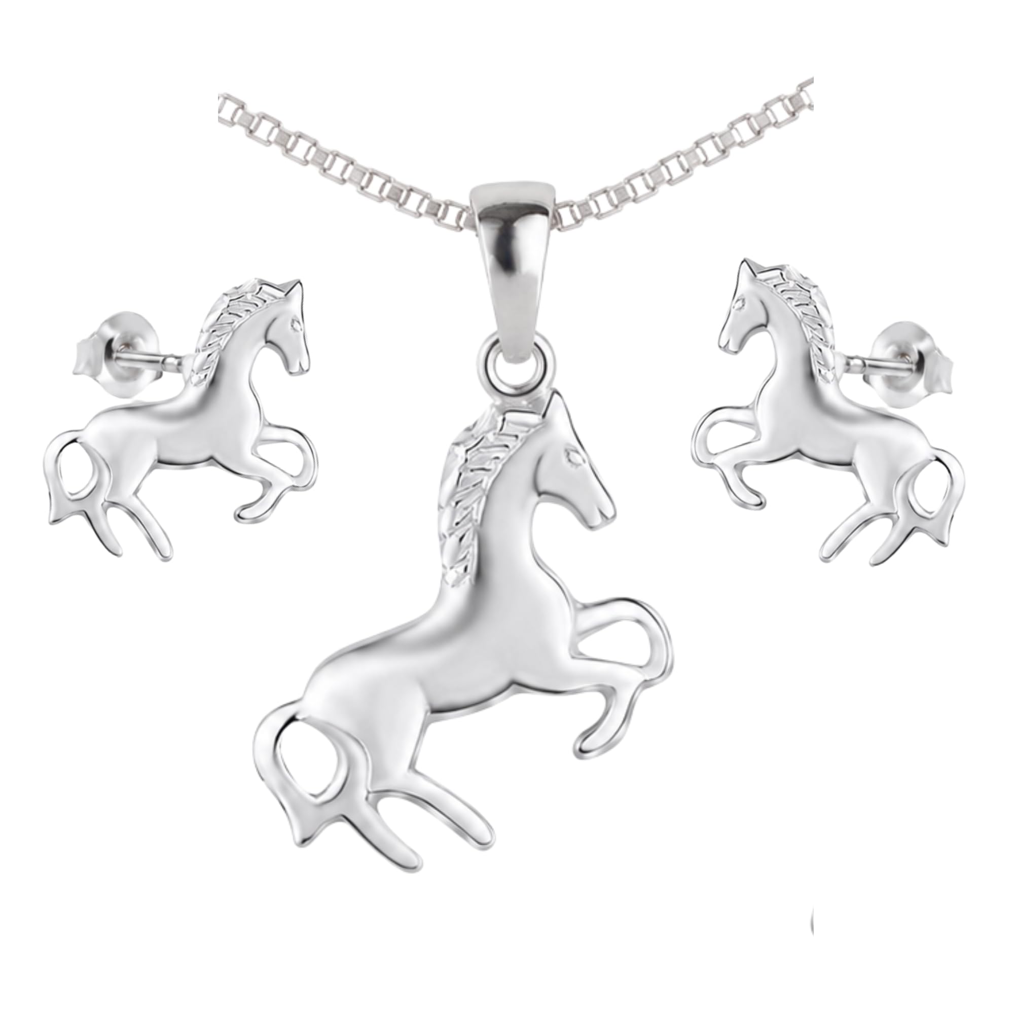 Pendentif avec chaîne et boucles d'oreilles pour enfant en argent 925 - Cheval poney - Dans un étui à bijoux