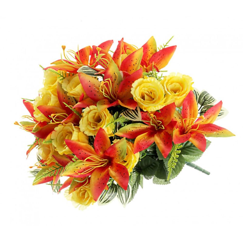 FloristryWarehouse Mixed Bunch of Faux Silk Roses, Lilies and Green Foliage Orange Yellow 44cm/17 Inches Tall