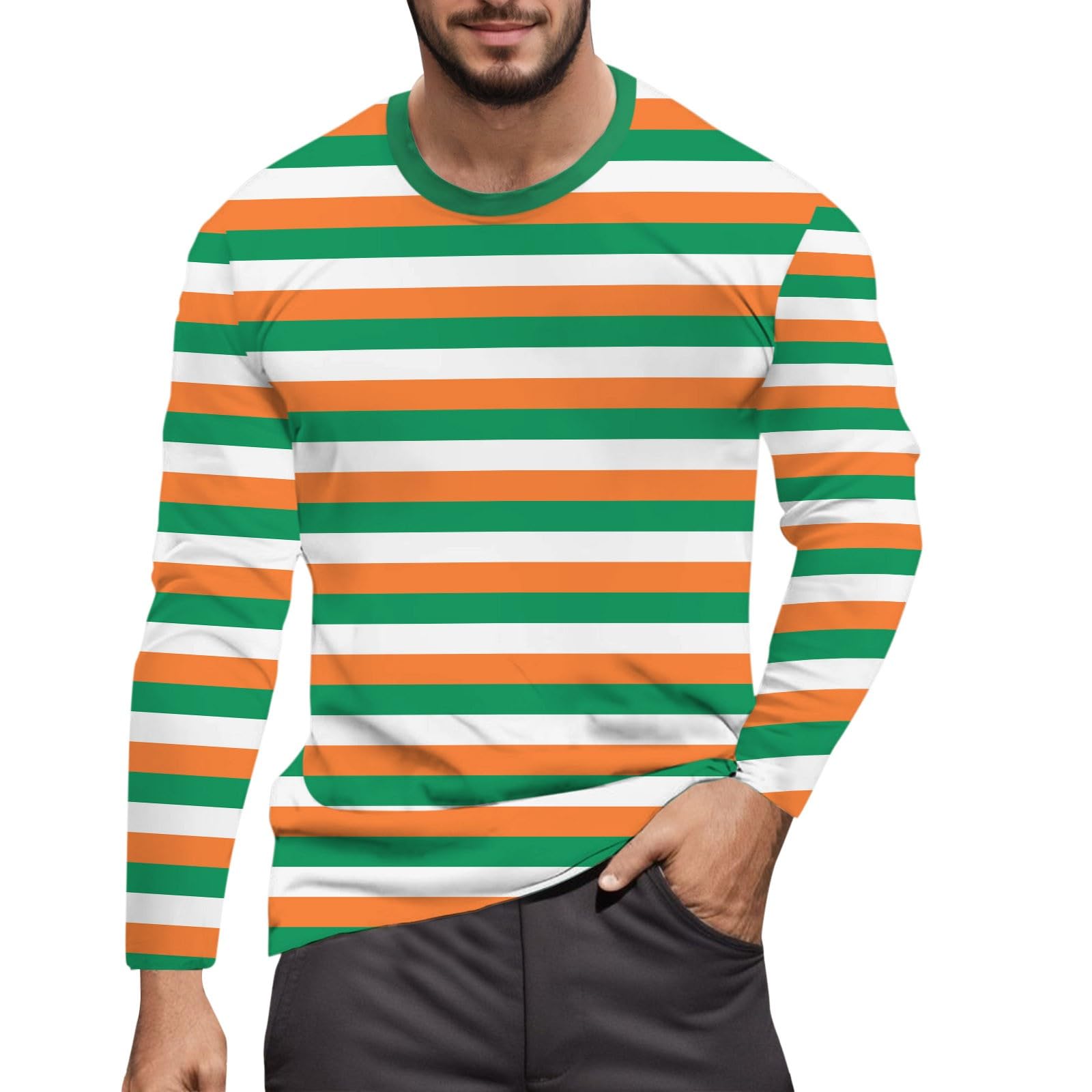 Striped Shirt Men Women Red White Long Sleeve T-Shirt Carnival Long Sleeve T-Shirt Horizontal Stripes Wide Stripes Fine Stripes Crew Neck Leisure Top Striped Shirt Fancy Dress Costumes, Green-5, M