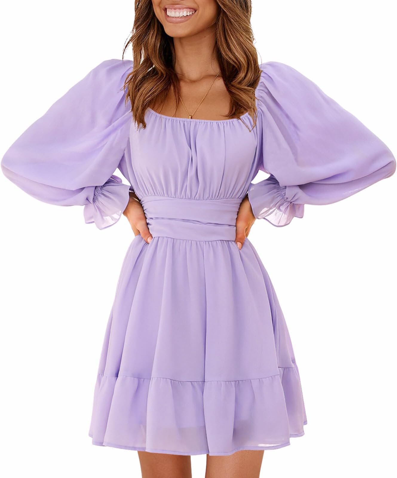 Women's 2026 Casual Long Lantern Sleeve Dresses Square Neck Ruffle Tie Back Elastic Waist Aline Short Mini Dress