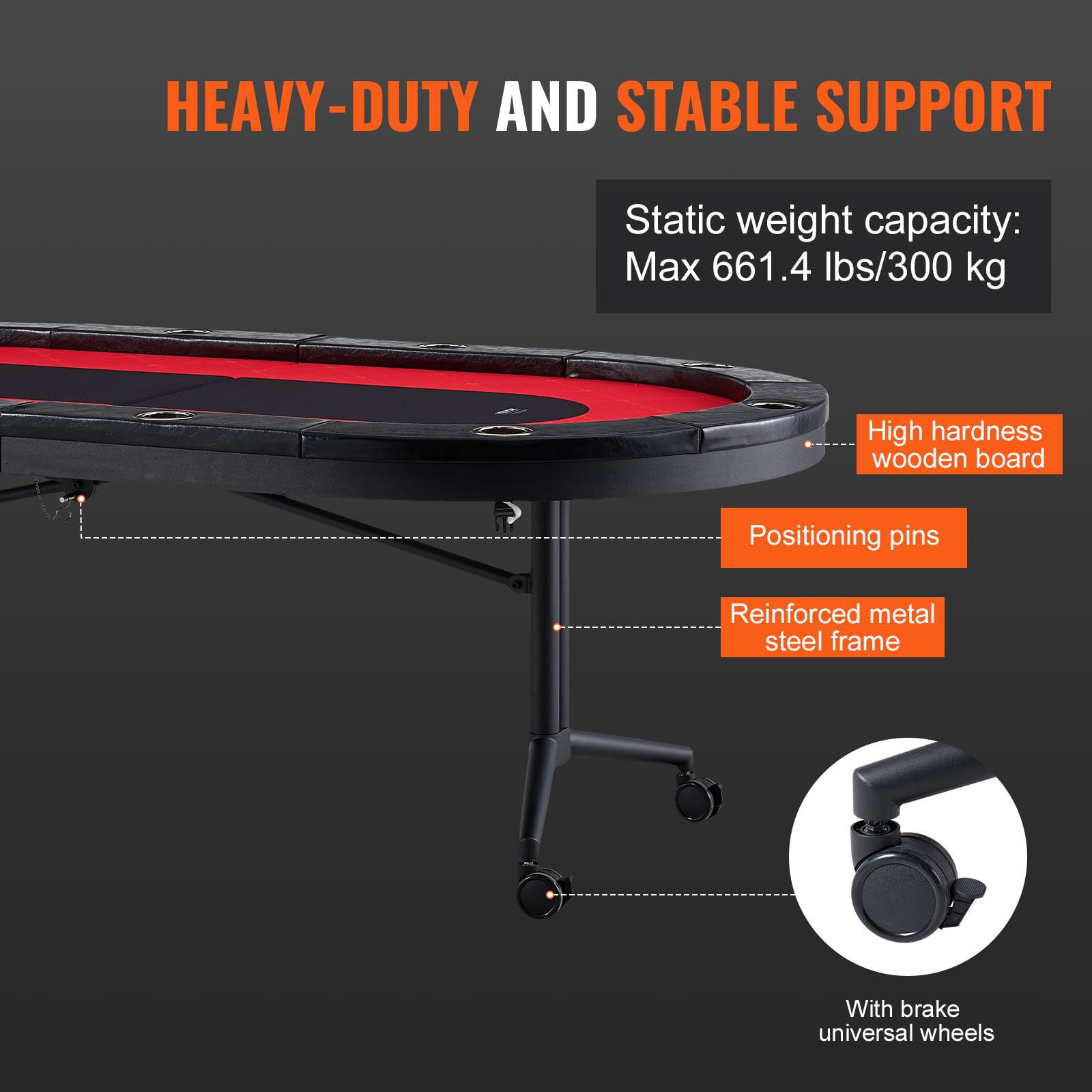 VEVOR Składane szyny Blackjack Texas Holdem Poker dla 10 graczy, wyściełane szyny i uchwyty na kubki ze stali nierdzewnej, przenośna składana gra planszowa, 229 cm, owalny stół rekreacyjny w kasynie