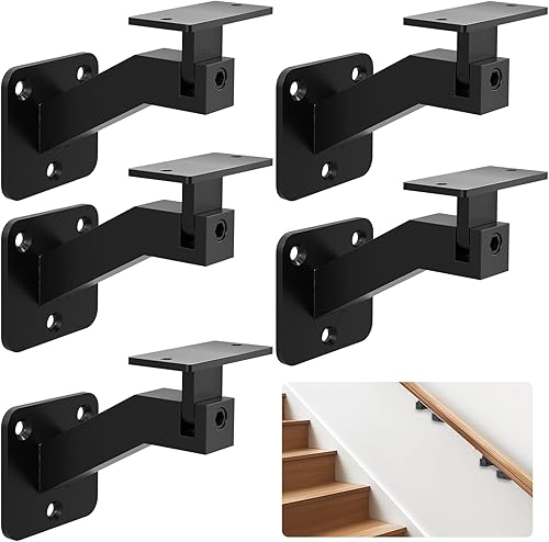 Gyykzz Soportes de pasamanos ajustables para escaleras de interior, paquete de 5 soportes negros para barandillas de escalera de escalera, soportes