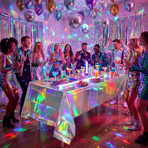 Image of Iridescent Plastic Tablecloths, Disposable Sparkly Laser Purple Table Cover | Wipe Clean Iridescent Party Decorations Holographic Foil Tablecloth for Kpop Birthday Bachelorette Wedding, 54x108Inch