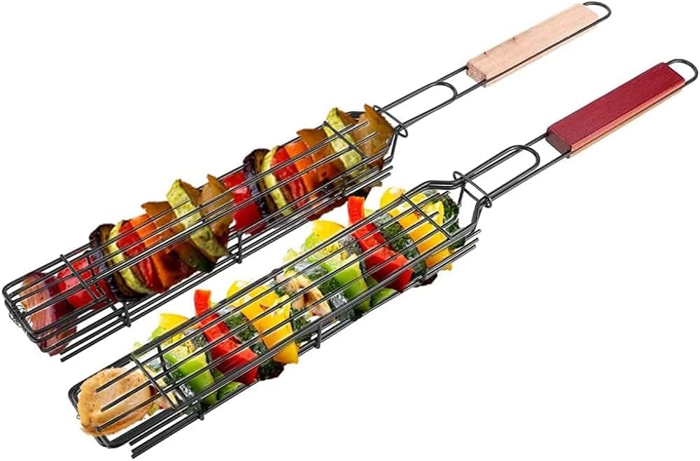 [e-Basic] Premium Portable BBQ Grilling Basket Stainless Steel Nonstick Grill Basket Kitchen Accessories Wooden Handle Barbecue Grill Basket