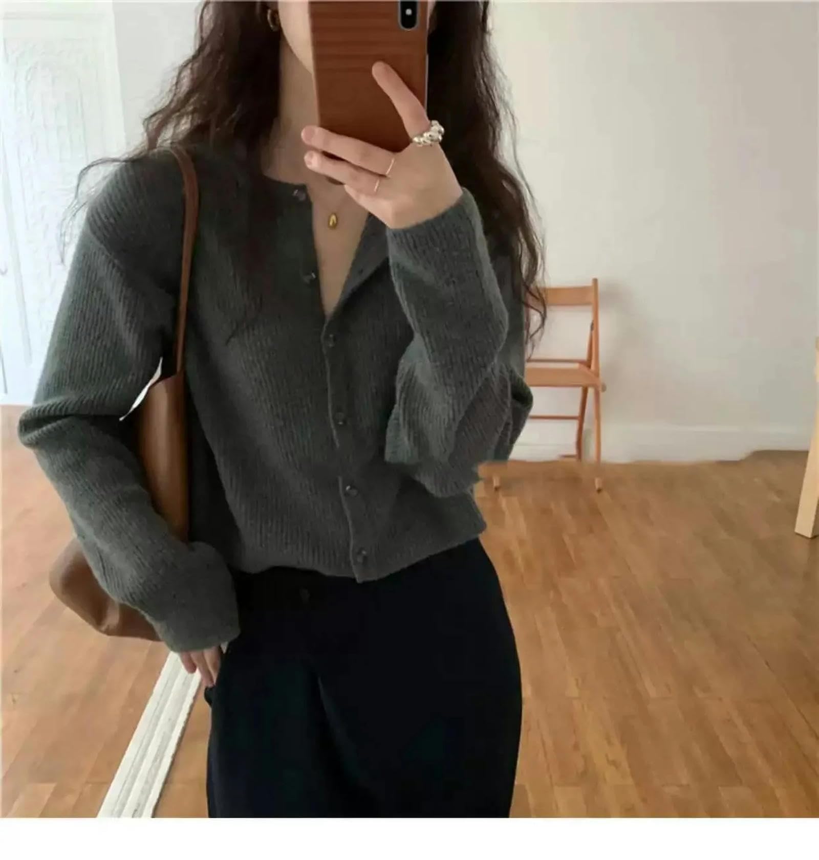 Abbigliamento Donna Cardigan Maglia A Maglia Maglione Femminile Spring E Versione Autunnale della Camicetta Grigia Sciolta di Lana Corta-Grigio-m