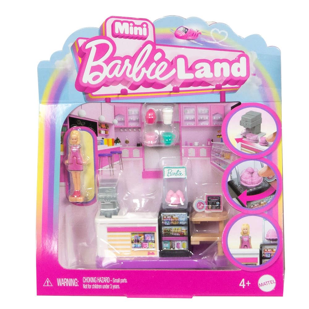 Barbie Mini BarbieLand Collectible Bakery Playset with 1.5-Inch Doll, Coffee Maker Station, Pastry Display and Seating Area for Storytelling Play