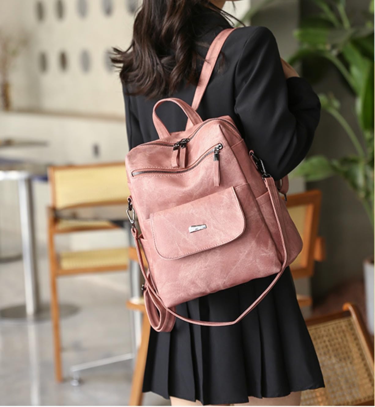 Women's Fashion PU Leather Backpack, Vintage Casual Style, Multiple Pockets, Water Resistant, Pink Brown (Pink)