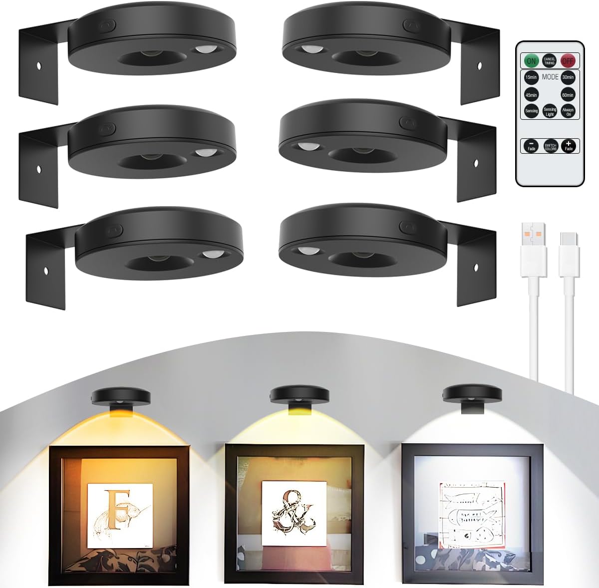 6Pack Wireless Picture Lights for Wall Rechargeable Battery Picture Frame Light with Remote LED Magnetic Art Display Light Dimmable&Timer Wall Sconce for Painting Poster Artwork Home Lighting Decor