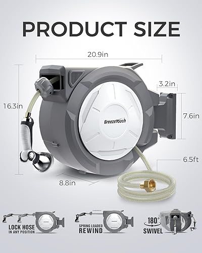 Miniatura 8 de Breeze Touch Carrete de manguera de jardín retráctil de 12 pulgada x 100 pies, carrete de manguera de agua montado en la pared para exterior con