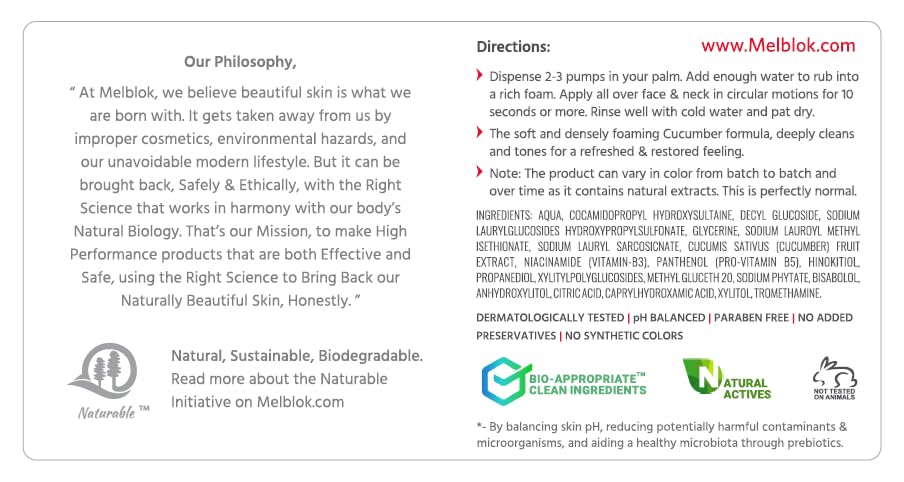 Image of Melblok Bio-Recovery Clear Cucumber Face Wash 150ml | For Oily & Combination Skin| Oil Control, Pore Cleansing & Non-Drying Prebiotic Face Cleanser with Niacinamide