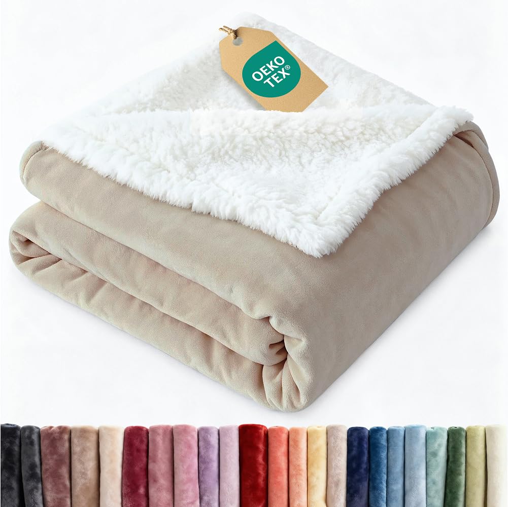sherpa fleece blanket throw size - reversible sherpa fleece throw blanket - super soft double sided for bed, sofa, couch - thick, warm, and plush - luxurious bedding for winter - cream, 50" x 60"
