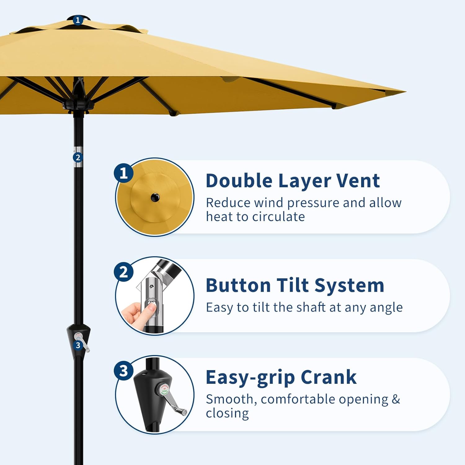 Garvee 9FT Patio Umbrella - Outdoor Table Umbrella with Smooth Crank Lift, Push Button Tilt and 8 Sturdy Ribs - Market Umbrella UV Protection Waterproof for Pool, Deck, Yard, Garden (Yellow)
